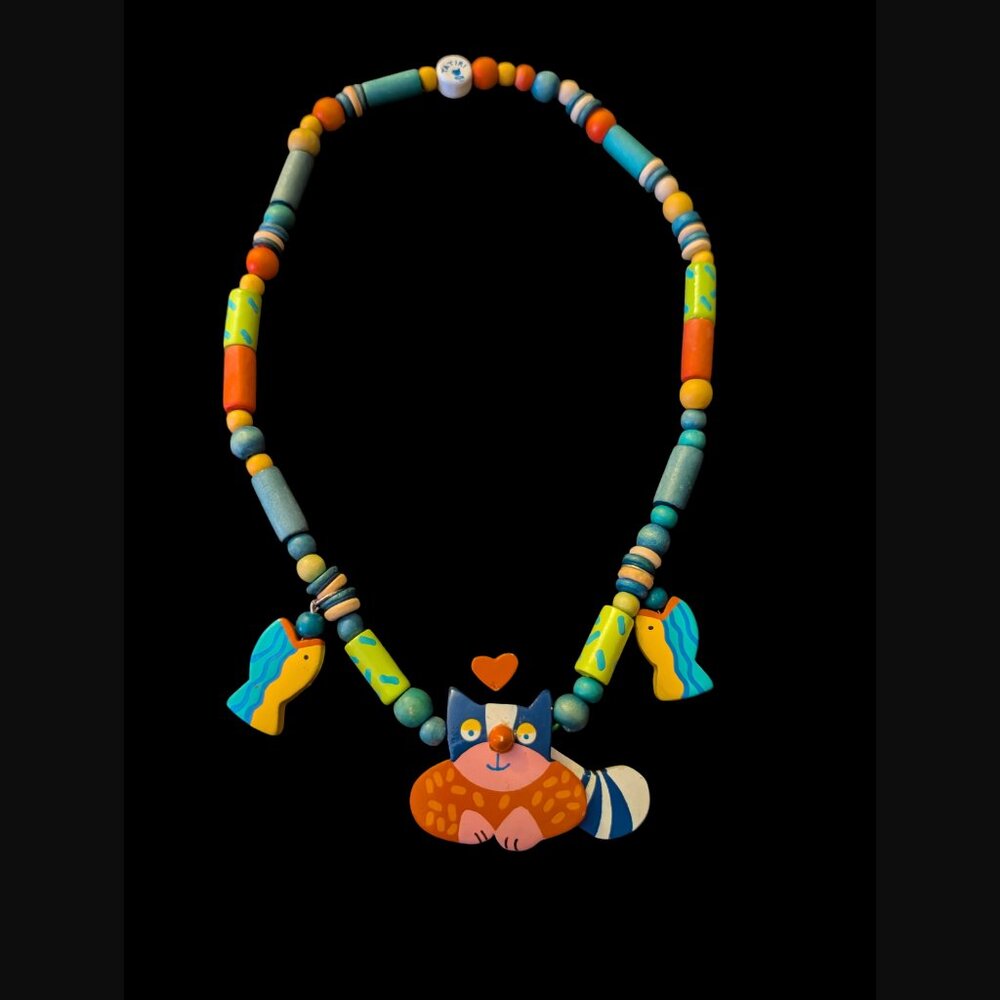 Vintage Tatiri Multi Color Hand Crafted Whimsical Cat Statement Necklace 20"